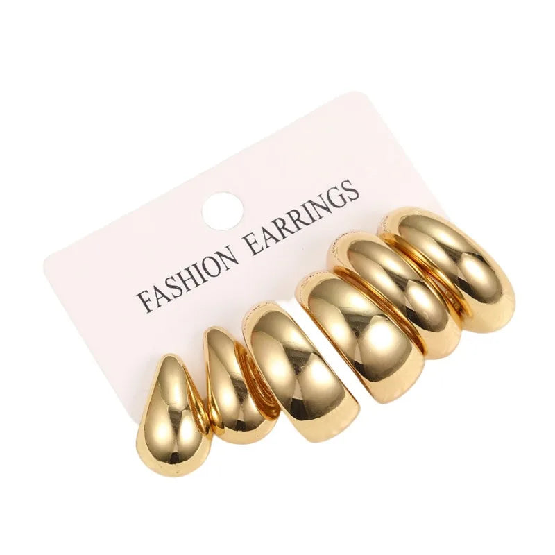 3 Pairs of Fashionable and Simple C-shaped Bean Water Droplet Women's Earring Set, Creative and Luxurious Jewelry Gift