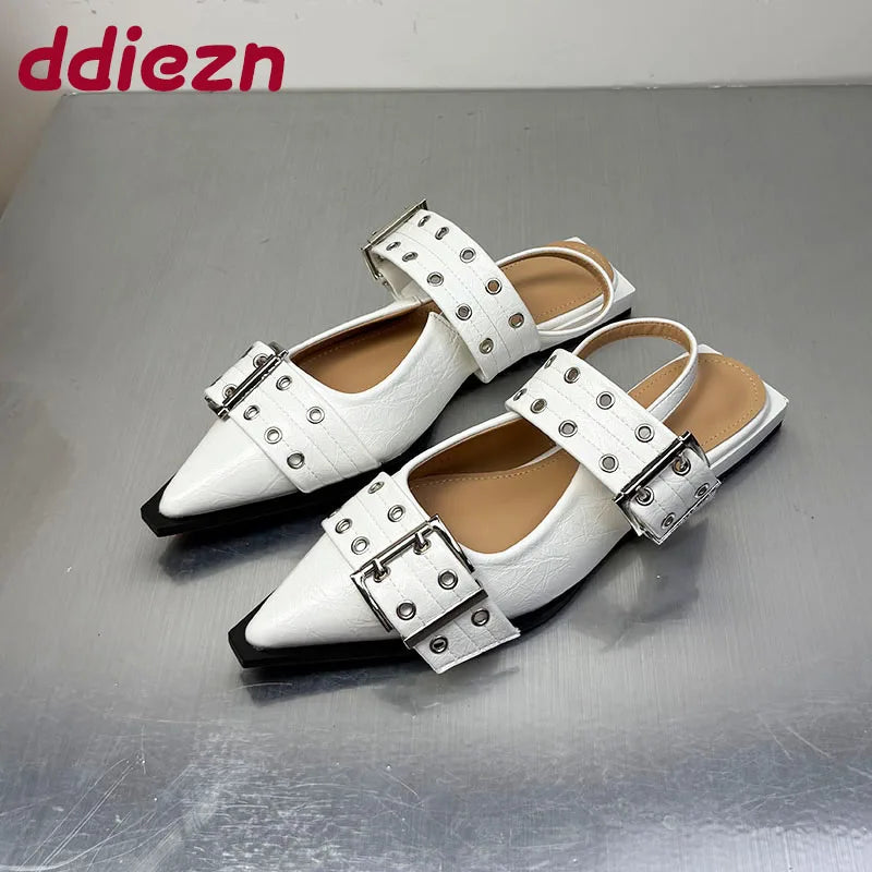Women Flat With Shoes 2026 Designer Luxury Buckle Fashion Ladies Flats Shoes Slingback Pointed Toe Casual Female Sandals Mules
