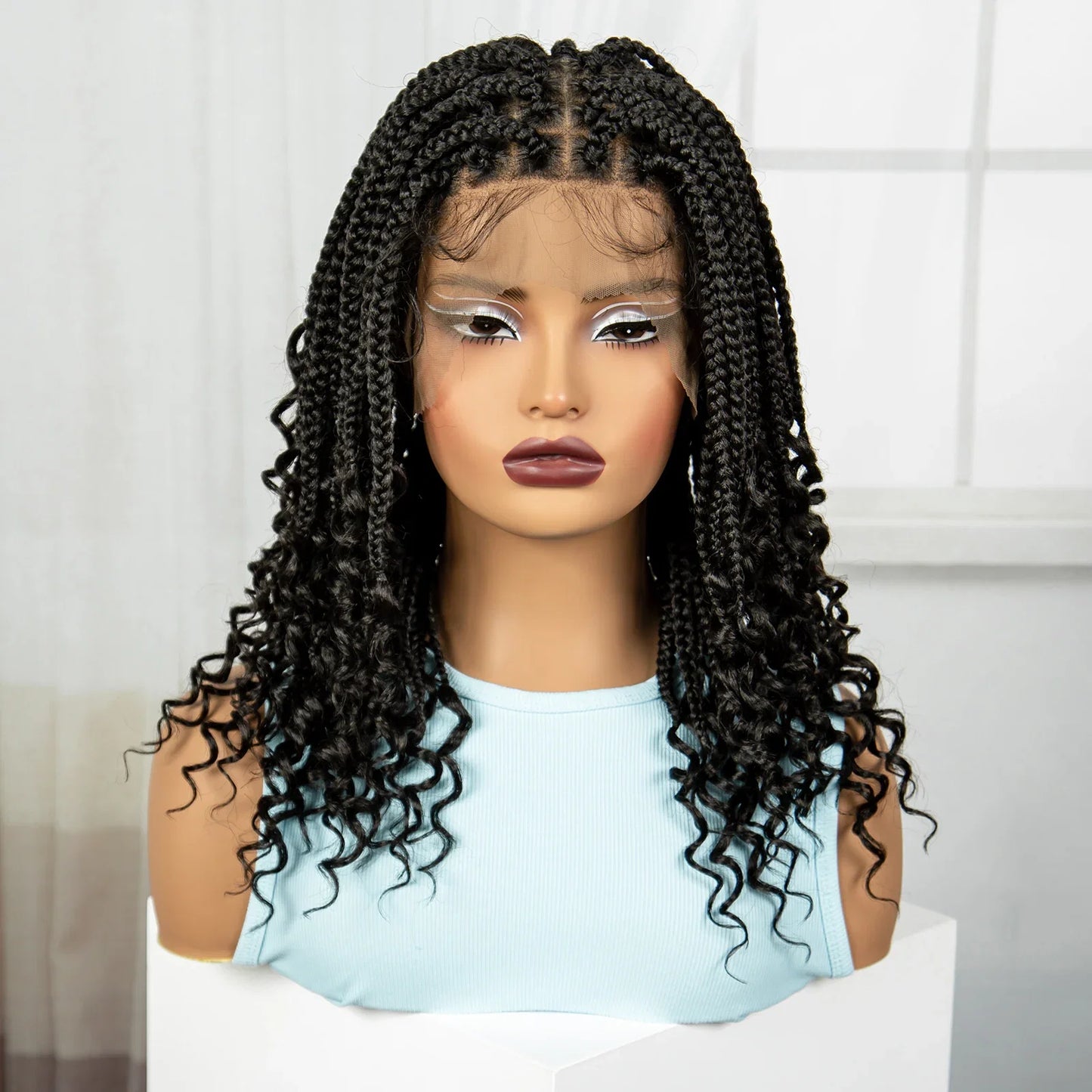 Burgundy Boho Knotless Braids Bob Wig with Curly Ends | Full Lace