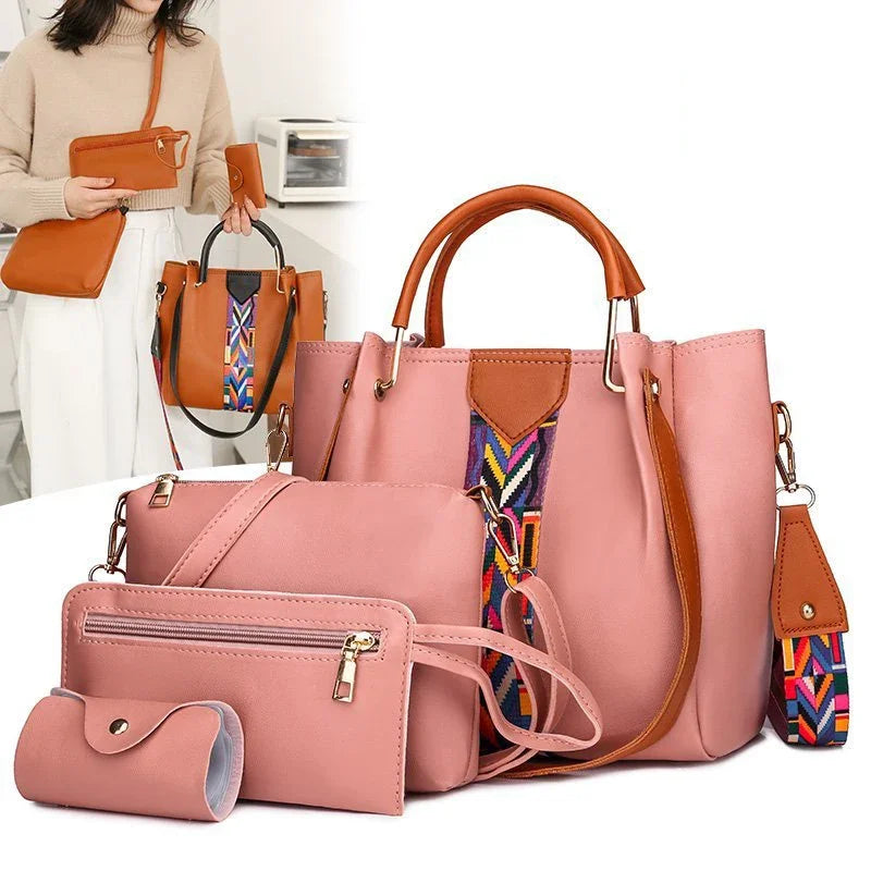 4 Pcs Luxury Handbag Set | Large Capacity Tote Bag, Fashion Shoulder Bag, Wallet & Card Case for Women (Patchwork)