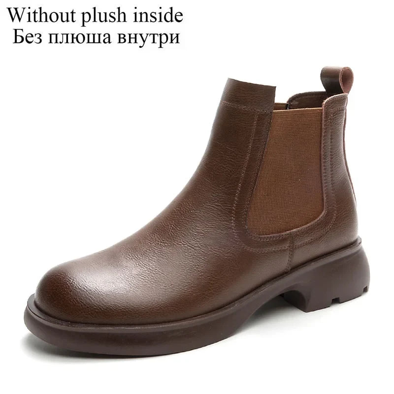 DRKANOL Fashion Women Thick Heel Ankle Boots Autumn Winter Warm Shoes Round Toe Real Cowhide British Style Slip On Chimney Boots