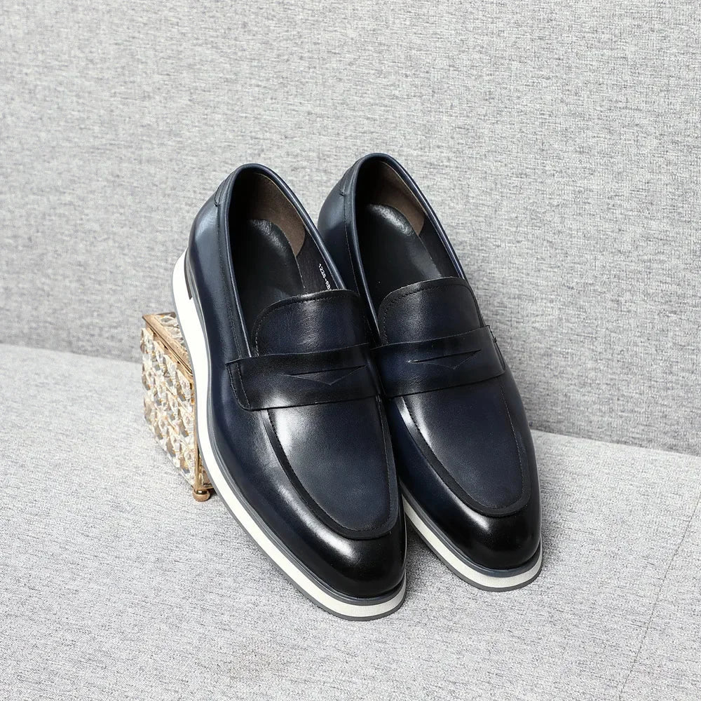 Classy Men's Genuine Cow Leather Penny Loafers | Blue & Black Casual Business Flats (Breathable)