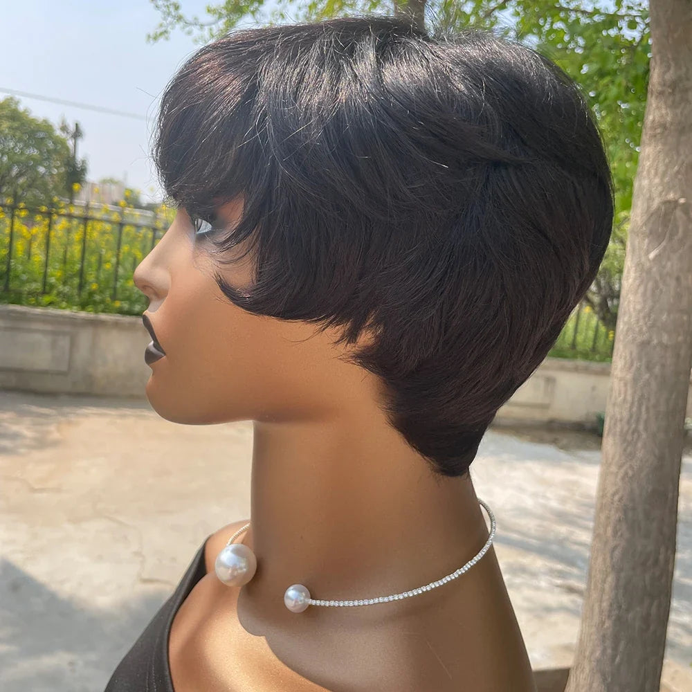 Short Pixie Cut Human Hair Wig with Bangs | Brazilian Remy, Machine Made