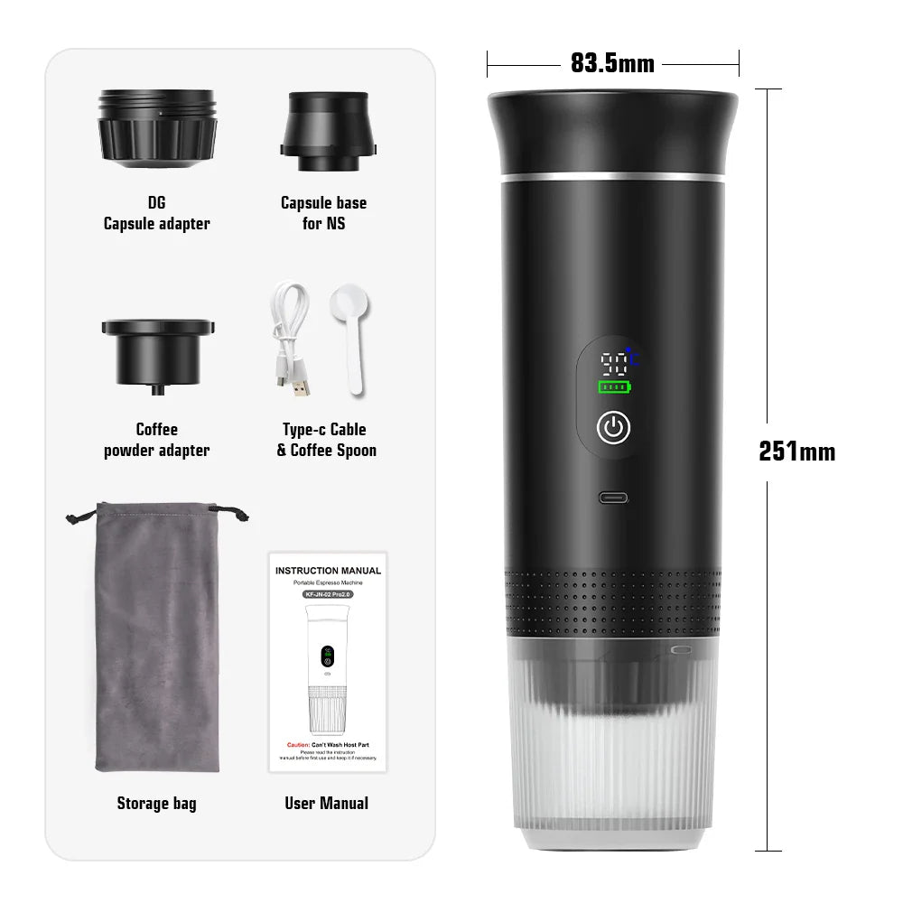 Wireless Electric Portable Espresso Coffee Machine for Car & Home Camping Coffee Maker 3-in-1 Capsule Powder Travel Coffee Maker