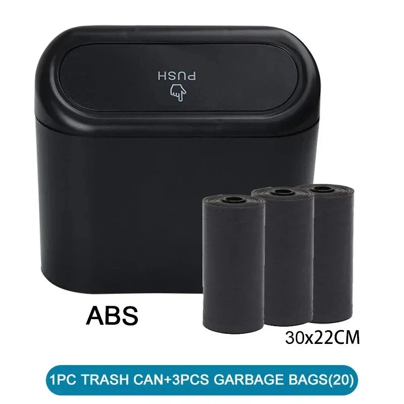 The covered car trash can contains 3 black garbage bags. The small car trash can is leak proof and miniature
