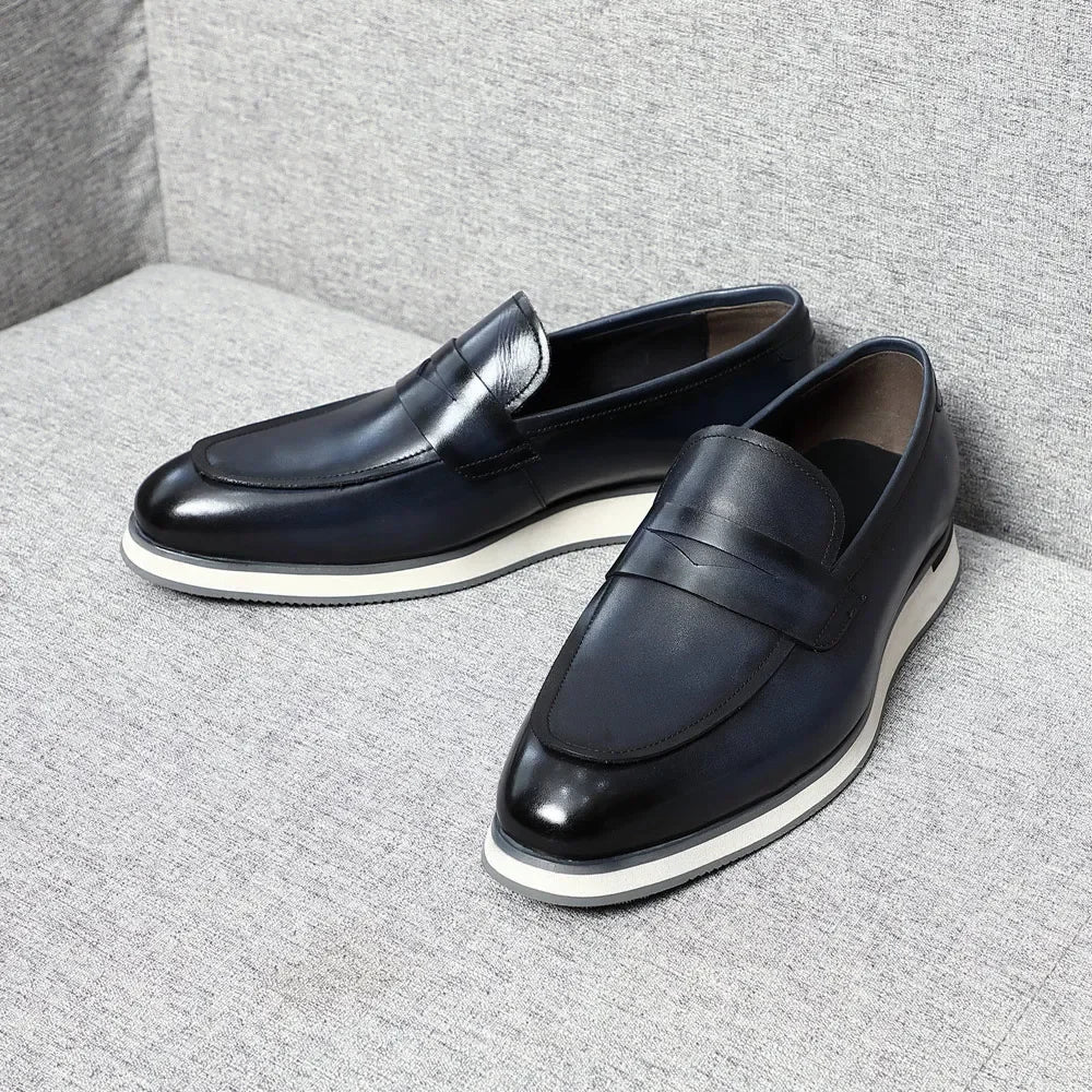 Classy Men's Genuine Cow Leather Penny Loafers | Blue & Black Casual Business Flats (Breathable)