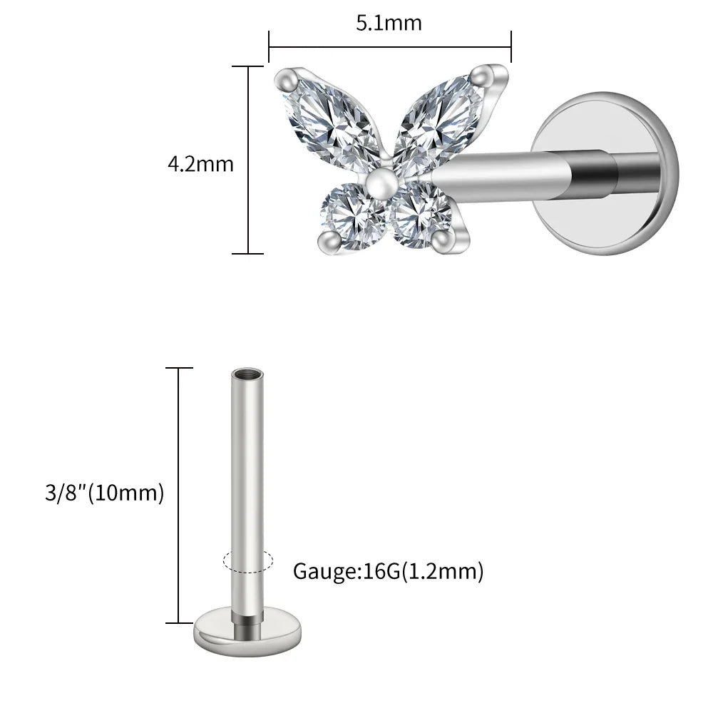 Right Grand ASTM F136 Titanium 16G Mini Butterfly CZ Labret Tragus Cartilage Conch Forward Helix Stud Nose Piercing Body Jewelry