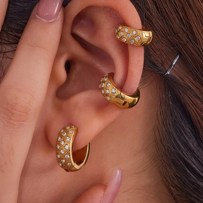 Liora Stainless Steel Zircon Women Hoop Earrings Metal Texture PVD Gold Plated Hypoallergenic Wedding Banquet Earrings Jewelry
