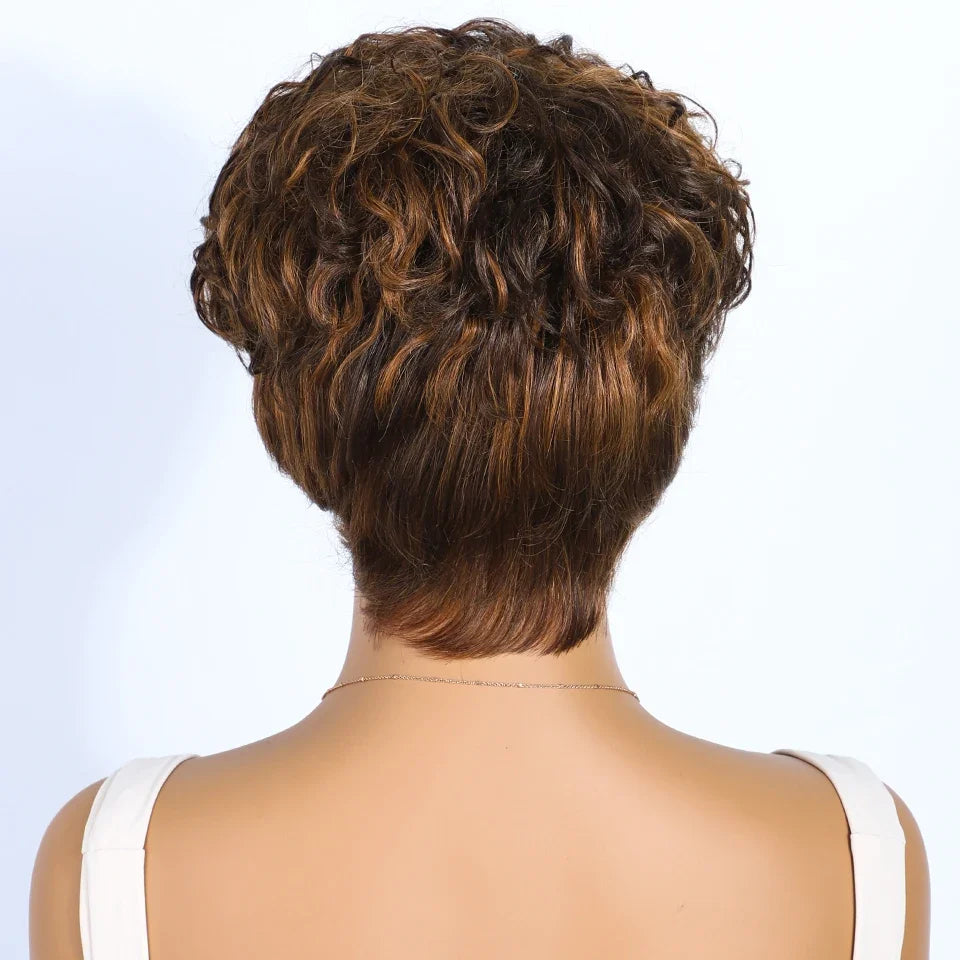 Rebecca Mixed Brown Pixie Cut Wig | Curly Side Part Brazilian Human Hair