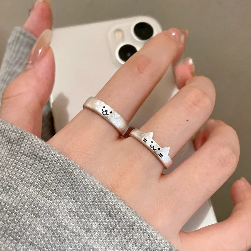 2pcs Simple Design Cute Cat Dog Animal Adjustable Couple Ring for Women Men Cartoon Fashion Couple  Friends Rings Jewelry Gifts