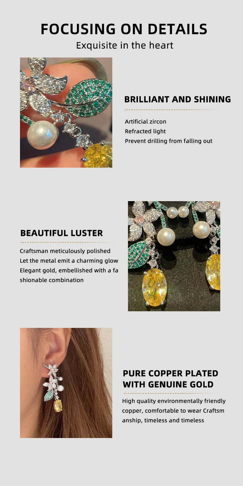 SUYU New Holiday Style Long Vintage Flower Earrings Female Leaf Yellowcrystal Forest Earrings
