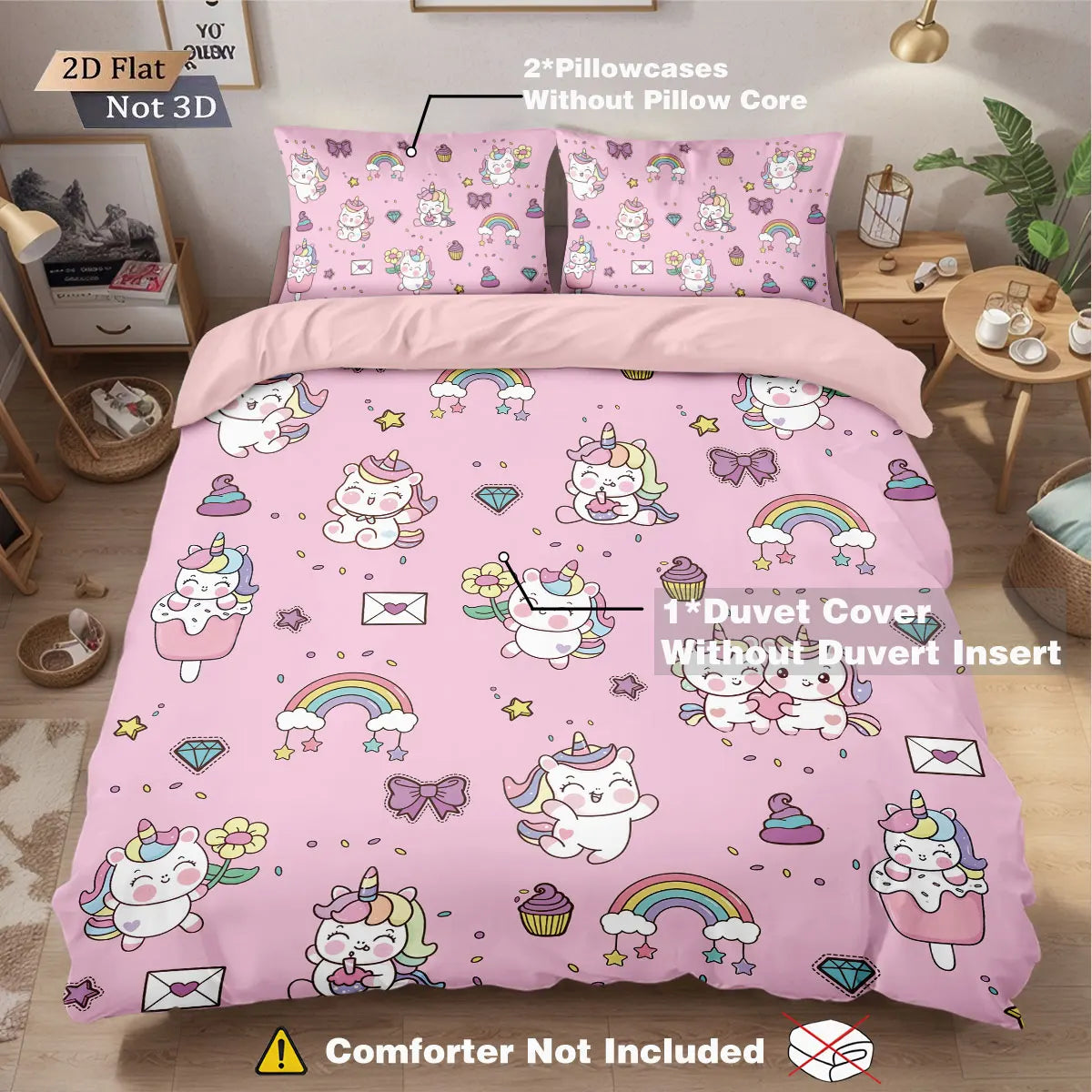 3pcs Cartoon Cute Unicorn Printed Coreless Down Duvet Cover Set, Multi Size Bedroom Bedding Decoration, Machine Washable