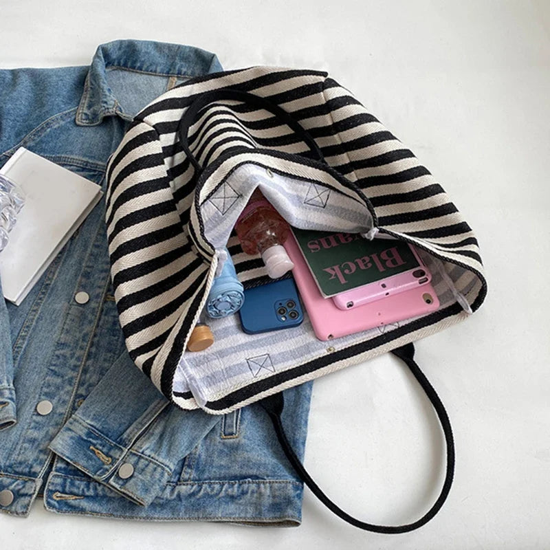 Casual Striped Canvas Bag for Women | Large Capacity Shoulder Bag & Daily Shopping Tote (Student Bookbag for School, Travel, Beach)
