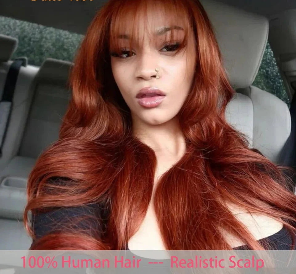Natural Color 24" Body Wave Wig with Bangs | 180% Density Remy Human Hair Middle Part Lace