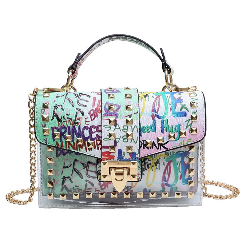 Brand Women's Studded Graffiti Crossbody Bags | Fashion Shoulder Bag for Ladies (Luxury Designer PVC Handbags & Messenger Satchel)