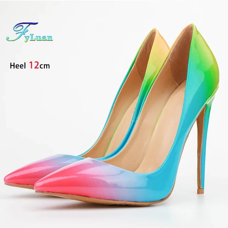 Brand Women High Heels 8-12CM Fashion Iridescent Pointed Toe Single Shoes Woman Thin Heel Summer Glossy Colorful Leather Pumps