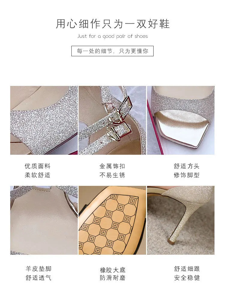 Luxury Sequined Women Gladiator Sandals Summer Designer Shoes for Women 2026 Square Head Hollow High Heels Fashion Ladies Shoes