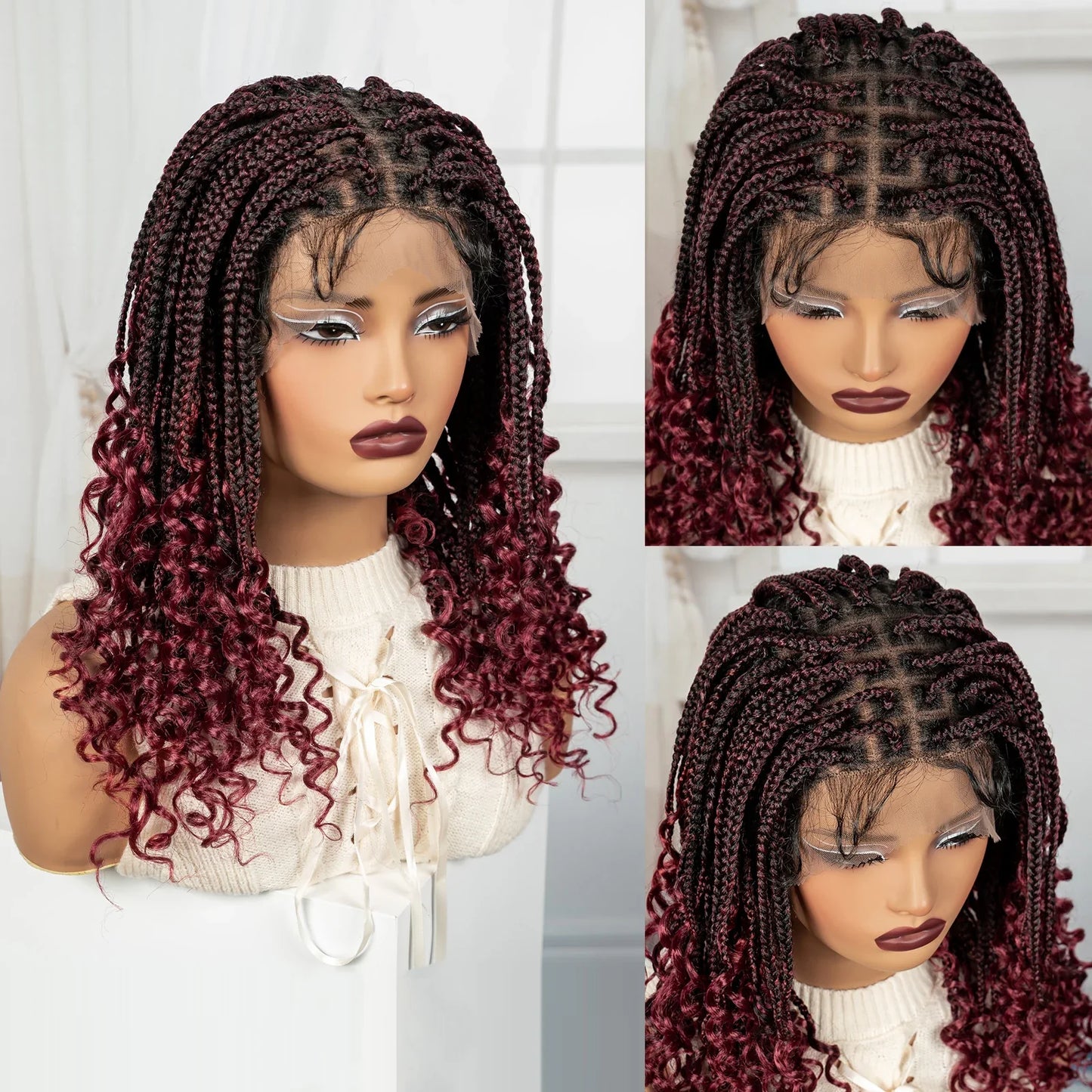 Burgundy Boho Knotless Braids Bob Wig with Curly Ends | Full Lace