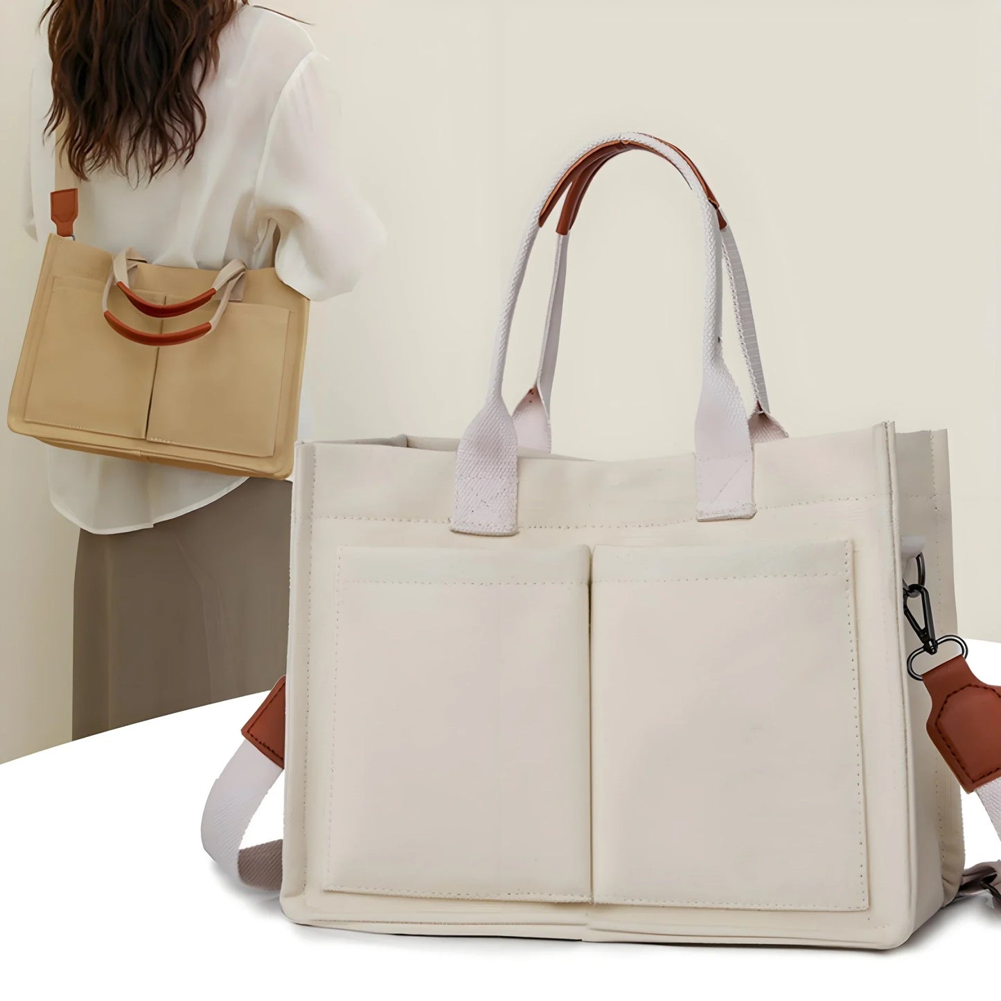 Large Canvas Tote Bag for Women with Pockets | Laptop Crossbody Purses & Everything Everyday Bag (Handbags for Work, Beach, Gym)