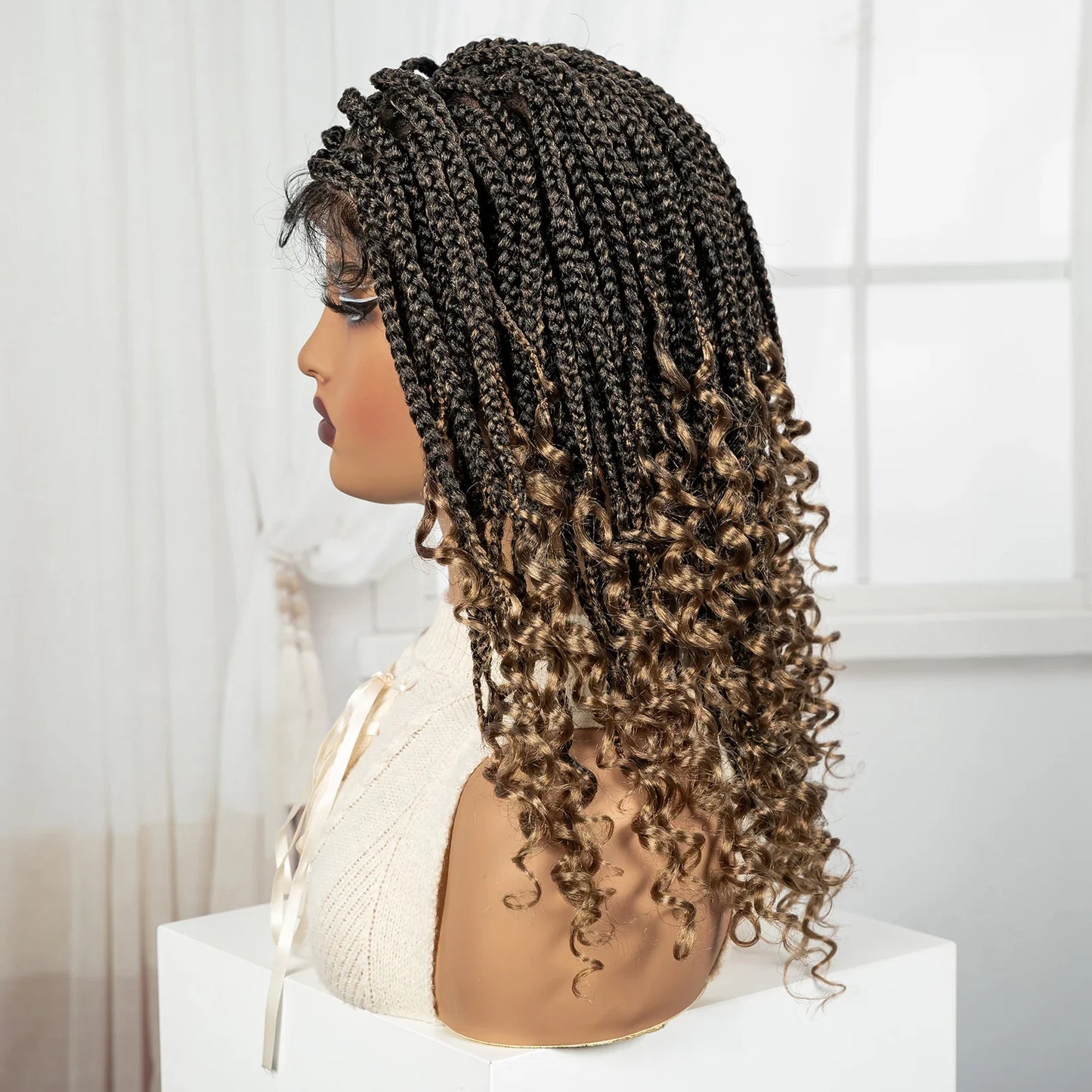 Burgundy Boho Knotless Braids Bob Wig with Curly Ends | Full Lace