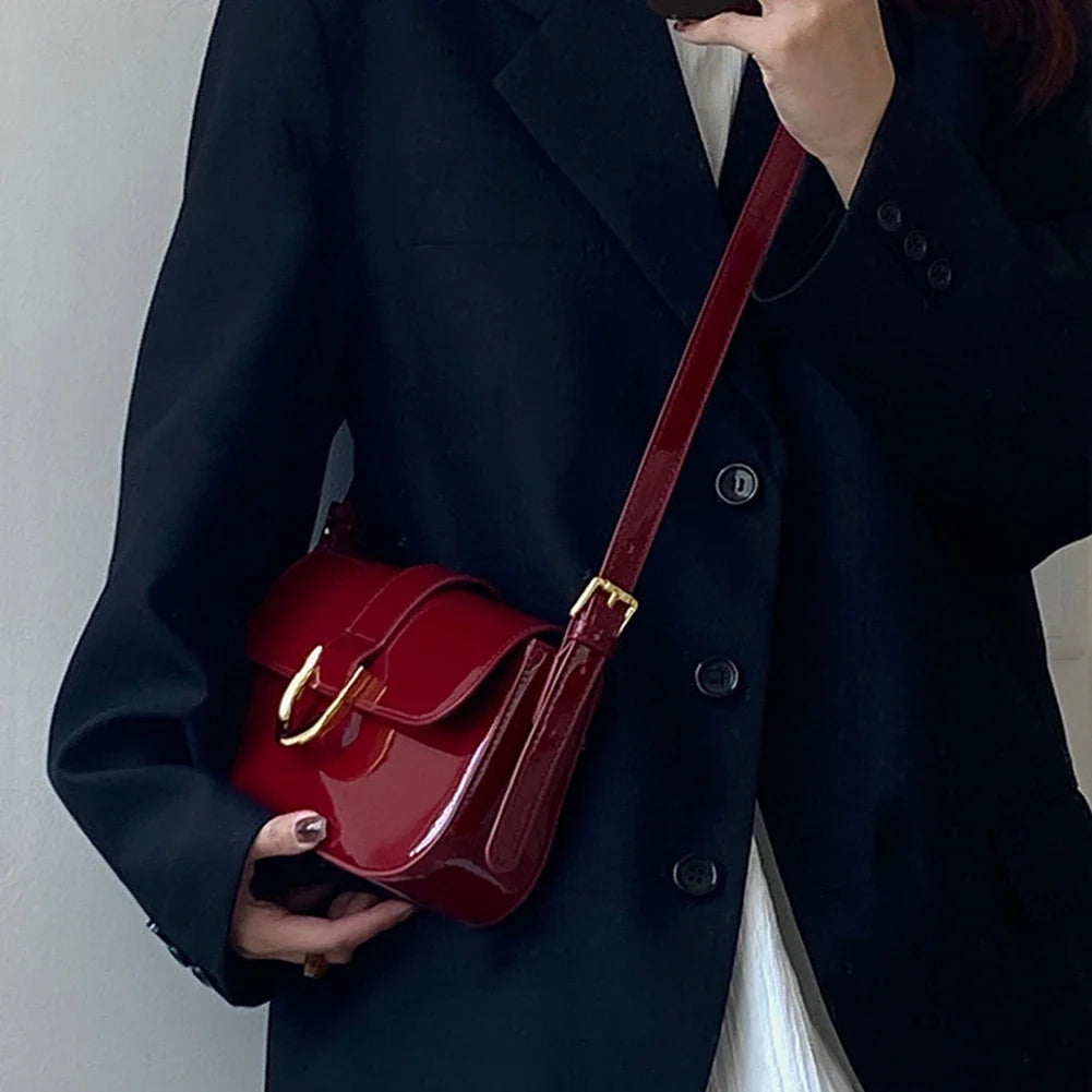 Retro Patent Leather Shoulder Bag for Women | Luxury Flap Crossbody & Solid Color Underarm Bag (Red Lady Handbag)