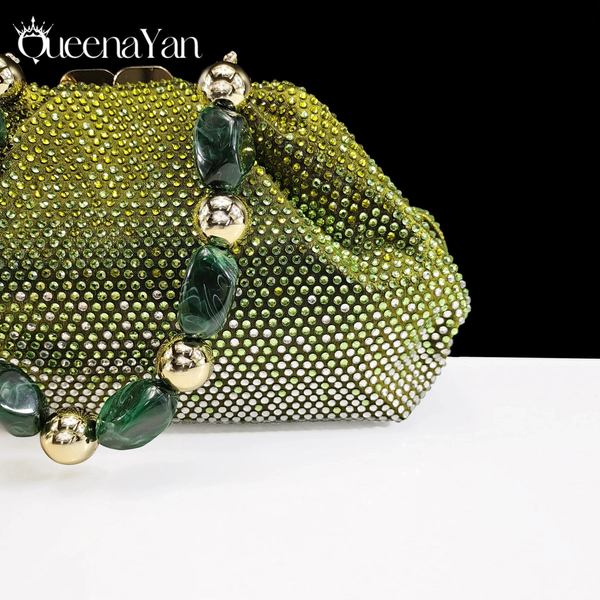 Queena Yan Newest Full of Rhinestone Design Olive Color Lady Sheos and Metal Bead-Embellished Handbag Set for Parrt Wedding