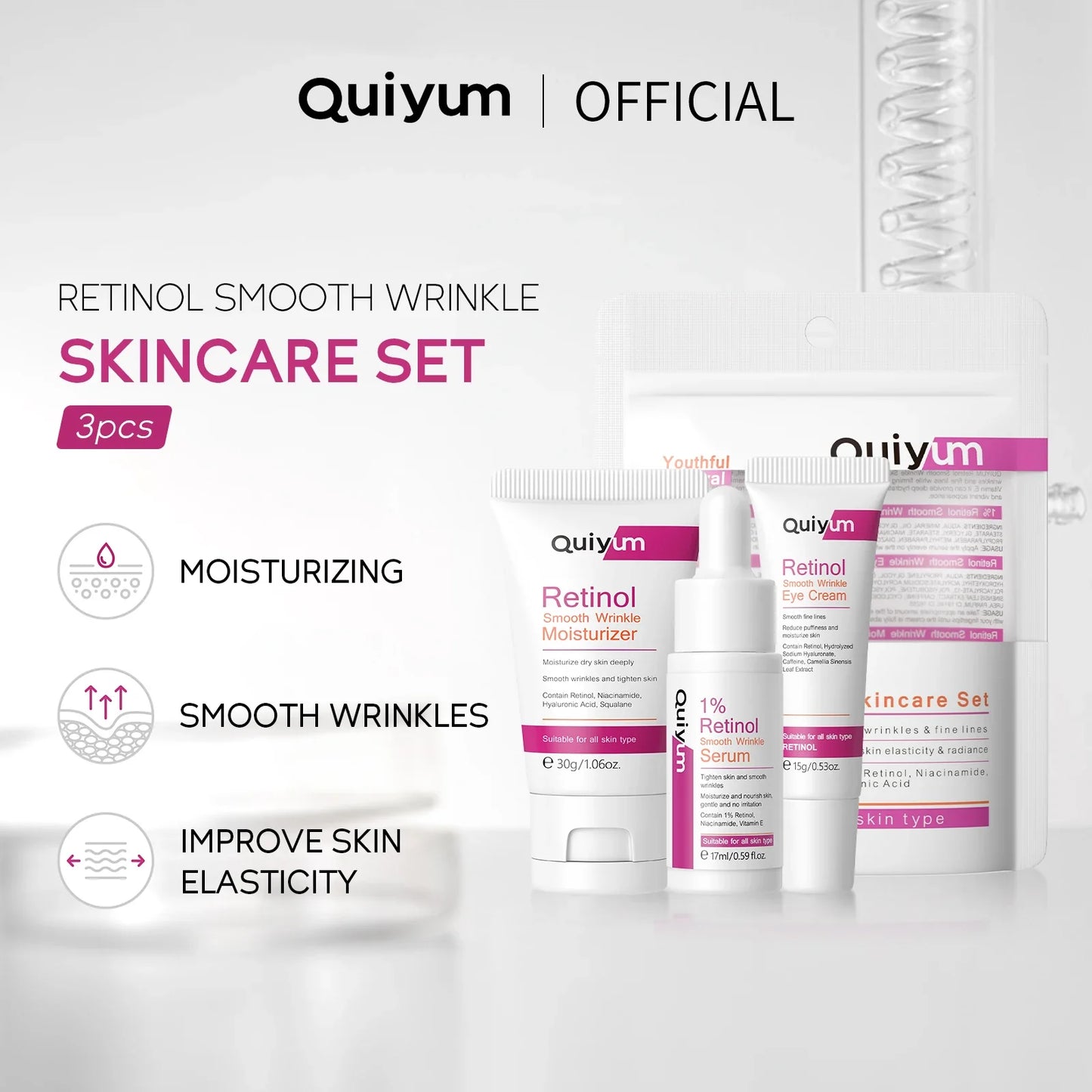 QUIYUM Retinol Smooth Wrinkle Skincare Set · For All Skin Types · Smooth Wrinkles & Fine Lines Improve Skin Elasticity & Radianc