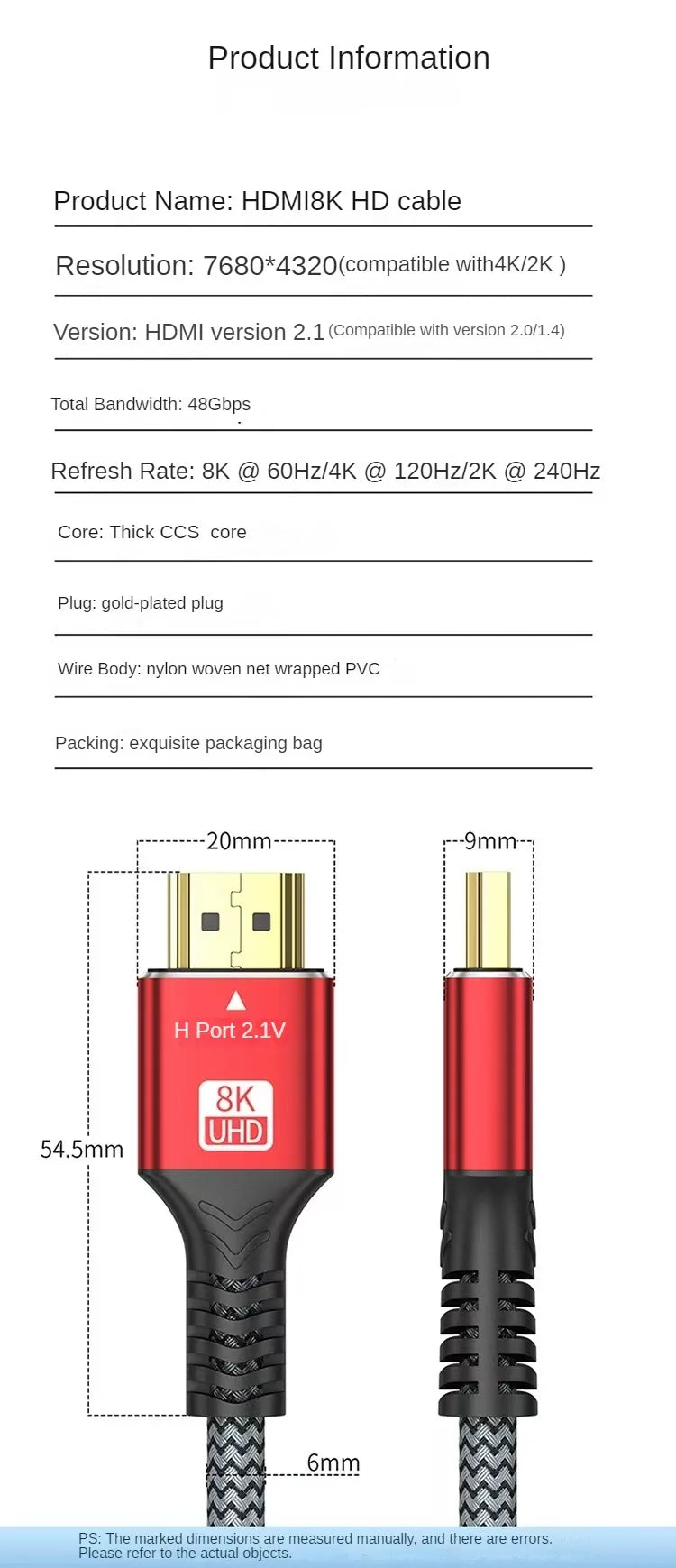 8K HDMI2.1 Cable High Speed HDMI 8K Cable 60HZ 2.1V 4K 144HZ 3D TV Computer Monitor Projector PS Game Console Audio And Video