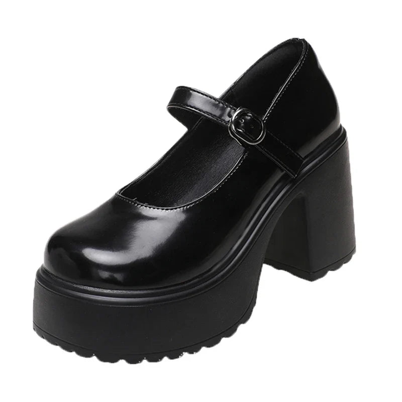 Black Super High Heels Mary Jane Shoes Women 2026 Goth Chunky Platform Pumps Woman Plus Size Ankle Buckle Party Lolita Shoes 42