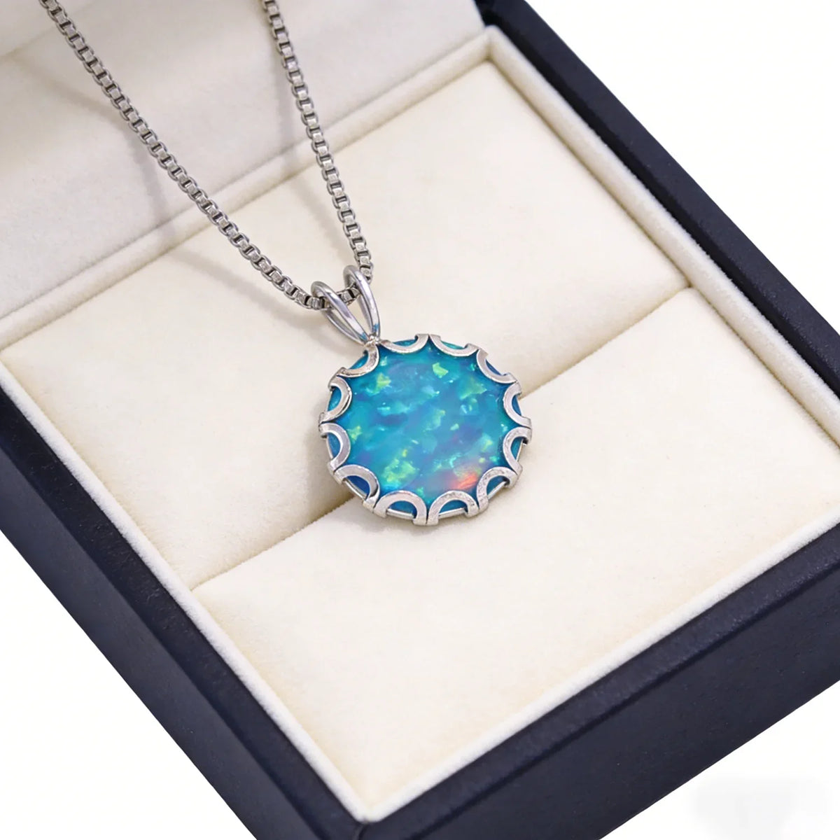 Wave Frame Opal Pendant Necklace,Round Blue Green Opal with Red Fire,White K Plated Floral Jewelry,Dainty Charms Gift for Women