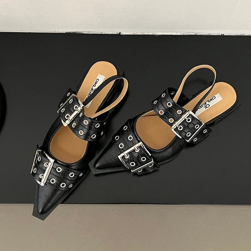 Women Flat With Shoes 2026 Designer Luxury Buckle Fashion Ladies Flats Shoes Slingback Pointed Toe Casual Female Sandals Mules