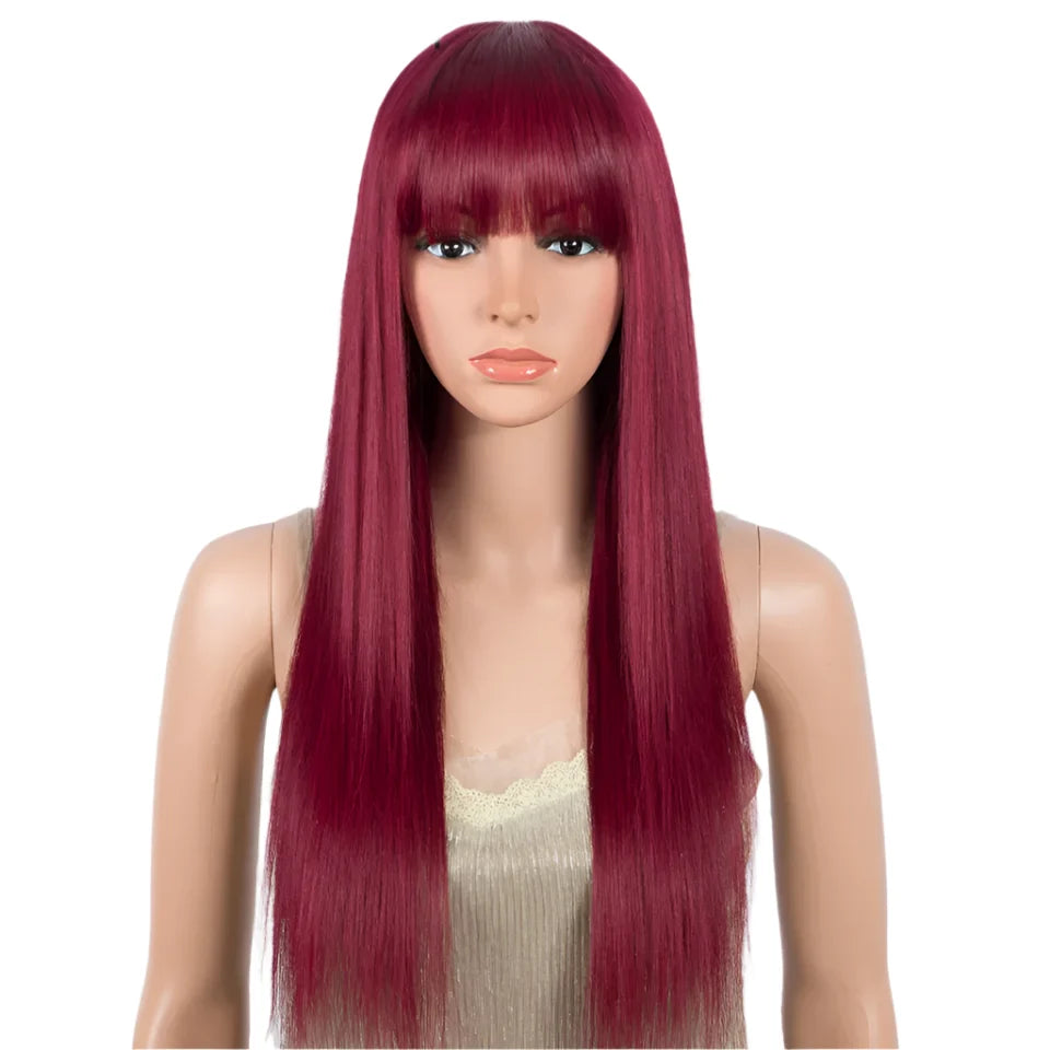 Burgundy Straight Wig with Bangs | "Put On & Go" Glueless Human Hair