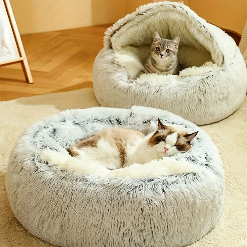 Plush Hooded Cat Cave Bed Round Semi‑Enclosed Shell Pet Nest Washable Anti‑Slip Warm All Season Sleeping Bed For Cats Small Dogs
