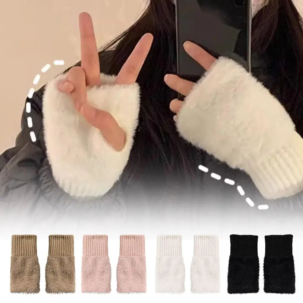 Half-finger Plush Winter Gloves Touch Screen Cold-proof  Warm Fingerless Knitted Wrist Guard Student Office Writing Work Outdoor