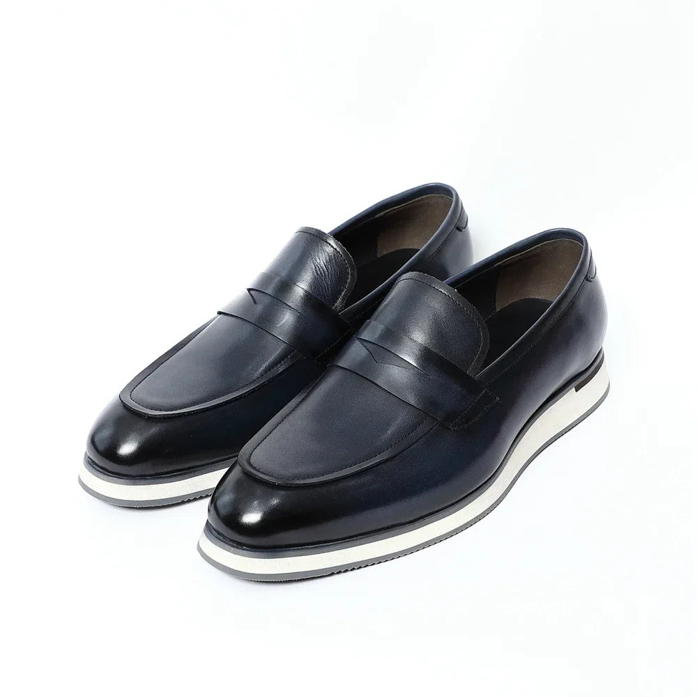 Classy Men's Genuine Cow Leather Penny Loafers | Blue & Black Casual Business Flats (Breathable)