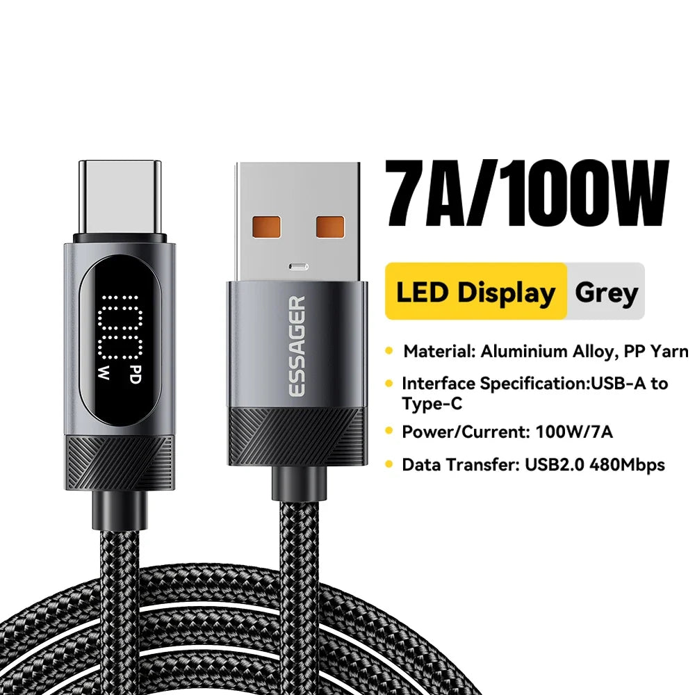 Essager Digital Dispaly USB C Cable For iPhone 17 16 15 Xiaomi Huawei 100W PD Fast Charging For Macbook iPad Type C to C Cable