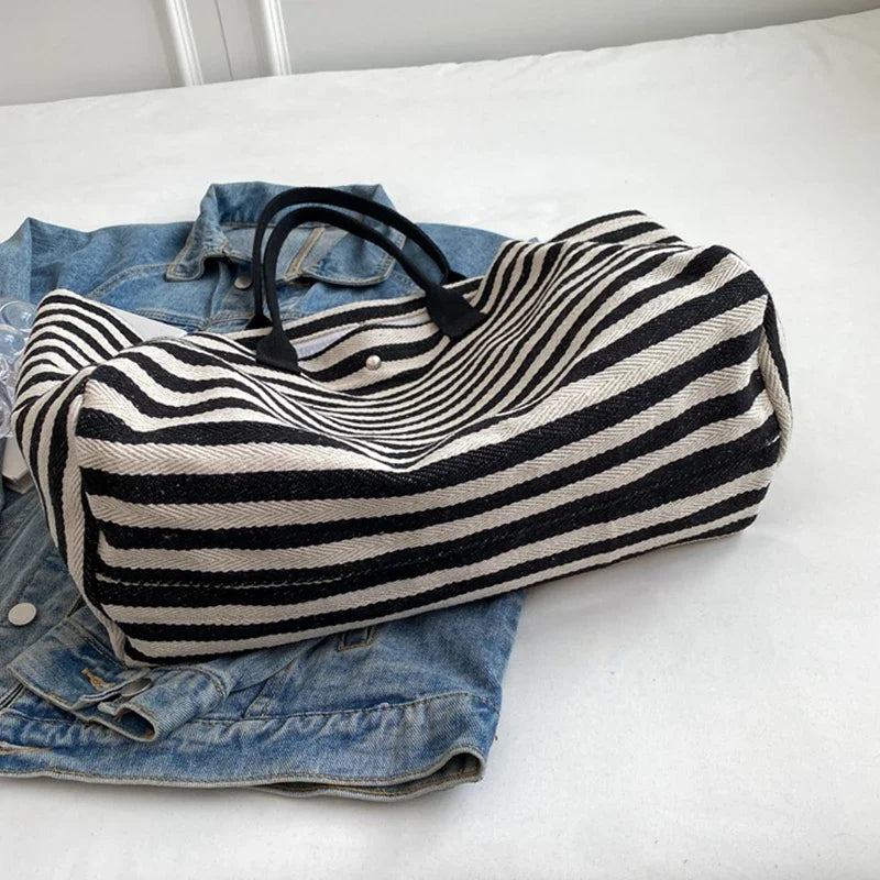 Casual Striped Canvas Bag for Women | Large Capacity Shoulder Bag & Daily Shopping Tote (Student Bookbag for School, Travel, Beach)
