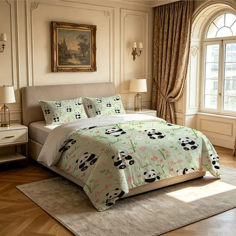 3pcs Cartoon Panda Print Coreless Duvet Cover Cool Summer Lightweight Bedding Set Multi Size Bedroom Bedding Decoration