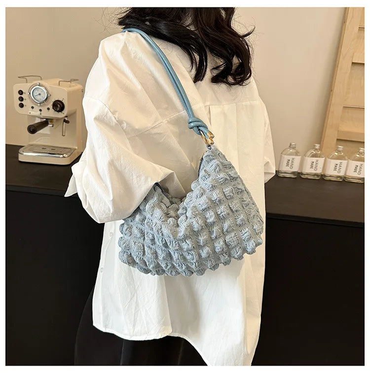 Canvas Wrinkle Bag for Women | Shoulder Bags & Pleated Bubbles Handbags (Padded Casual Underarm Quilted Tote Cloud Bag Purse)