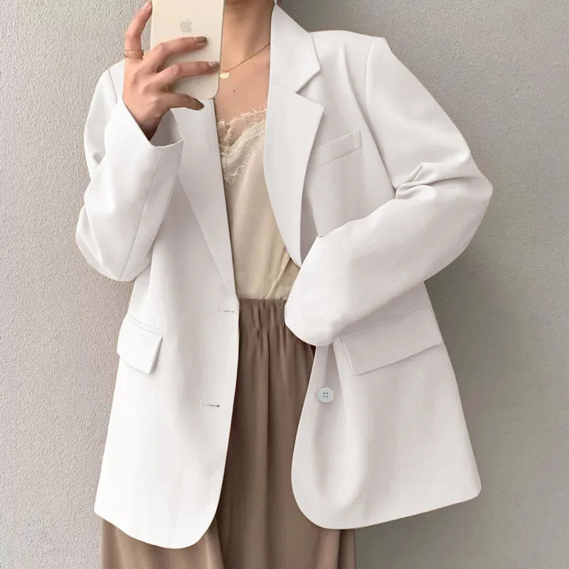 Mid Length Blazer Jacket Women Solid Long Sleeve Pocket Lapel Single Beasted Formal Coat Outerwear Loose Work Casual Blazers