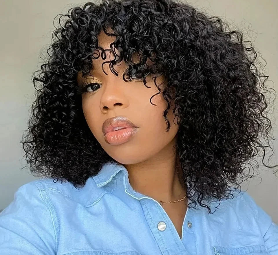 Jerry Curly Short Bob Human Hair Wig with Bangs | Glueless Highlight Honey Water Wave Blonde Wig for Women (Ready-to-Go)