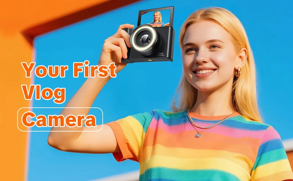 4K Digital Camera for Photography,4k Camera with Ring Light，180° Flip Screen Camera for Vlogging with Beauty Mode,Point and Shoot Digital Cameras for Beginner with SD Card，Christmas Gift