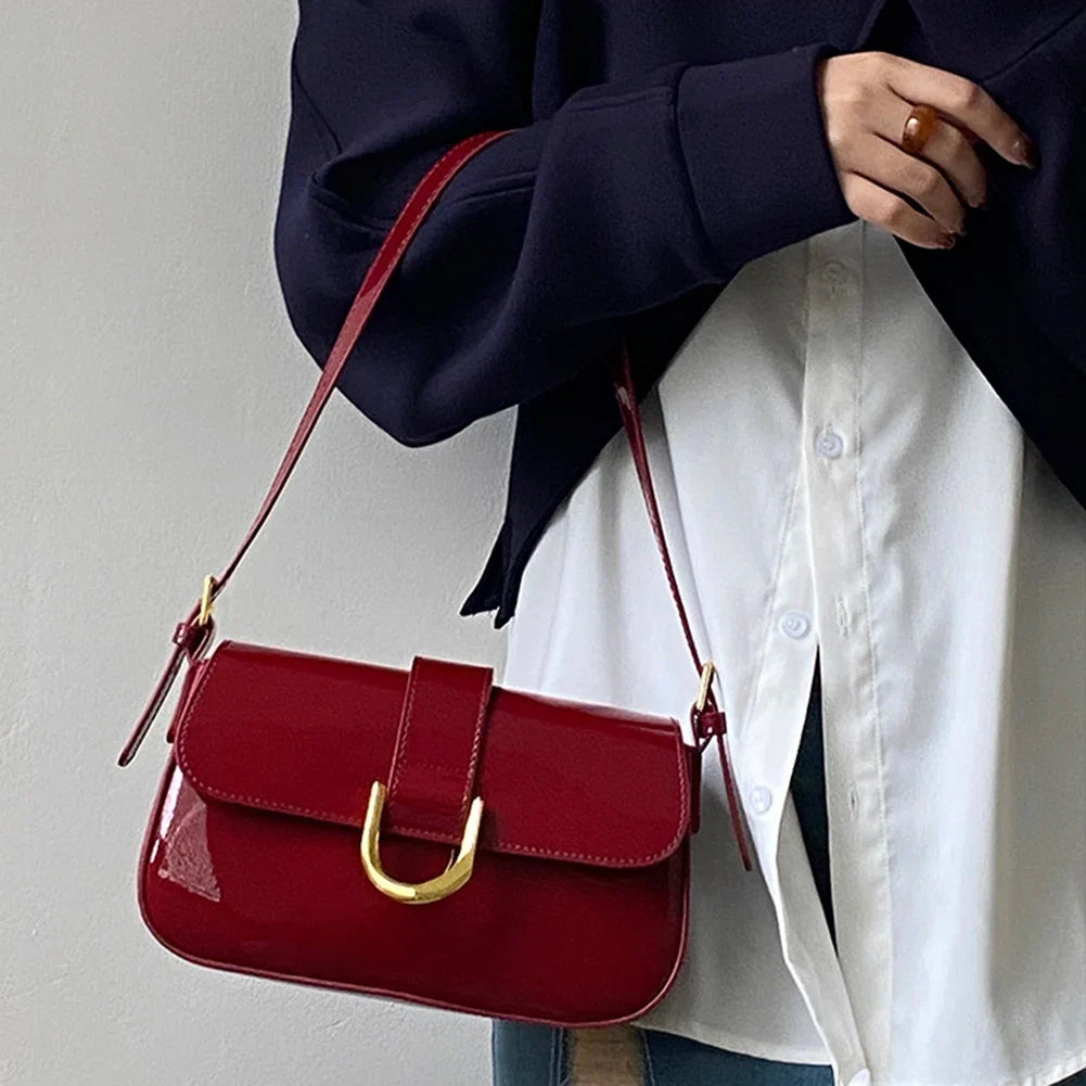 Retro Patent Leather Shoulder Bag for Women | Luxury Flap Crossbody & Solid Color Underarm Bag (Red Lady Handbag)