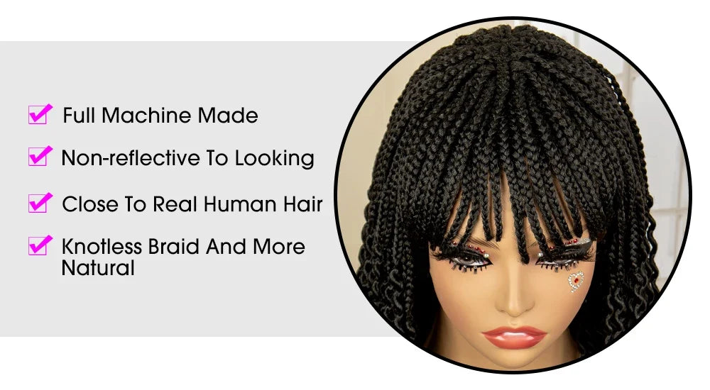 Short 14" Bob Braided Wig | Curly Knotless Box Braids | Synthetic Machine Made Wig | For Black Women