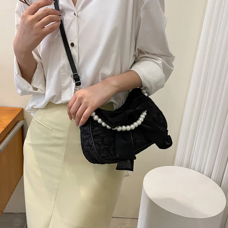 White Folds Pop Retro Bow Bag | Female Pearl Handle New Fashion Pearl Armpit Shoulder & Crossbody Bag