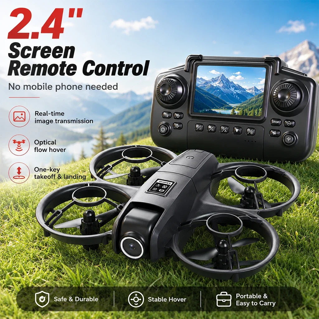 ZNLYRION YL3PK Mini Full Protective Drone With 2.4 Inch Screen Remote Dual Camera Optical Flow Hover 2 Batteries Indoor RC Quadcopter
