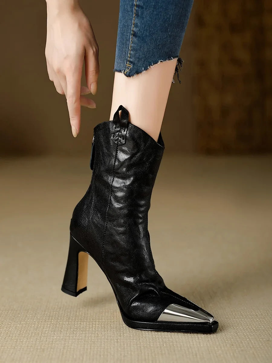 2024 New Metal Square Toe Ankle Boots for Women Fashion Patent Leather Women's Shoes Botas Mujer High Heels Shoes Women Zapatos