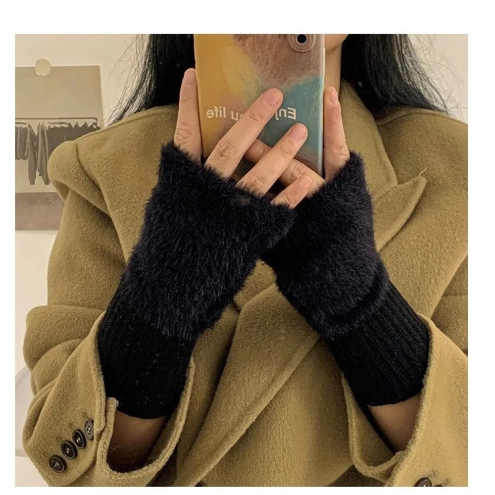 Soft Winter Half Finger Gloves Women Warm Luxury Solid White Plush Knitted Fingerless Gloves Wrist Mitten Writing Winter Gloves