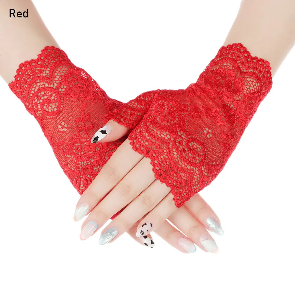 Women Short Lace Hollow-Out Fingerless Gloves Sun Protection Sleeves Mesh Thin Cycling Sexy Mittens Half Finger Handschoenen