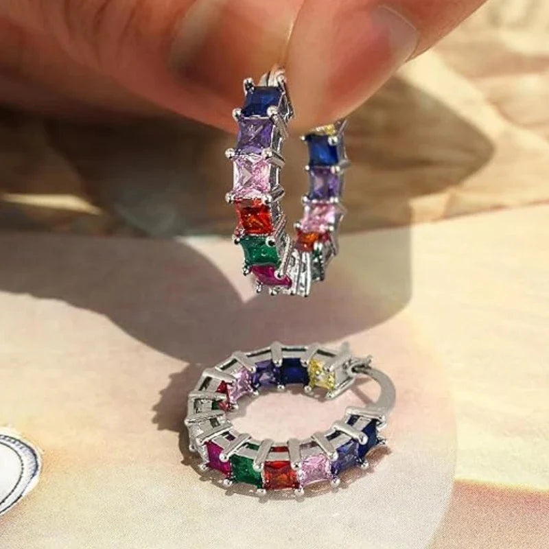 Huitan Princess Square Cubic Zirconia Hoop Earrings Luxury Trendy Ear Circle Earrings for Women Fashion Versatile Female Jewelry